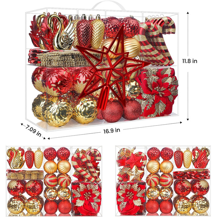 Набір прикрас на ялинку Alupssuc 128 шт. (кулі, квіти, орнаменти) - червоний та золотий, для свят, вечірок