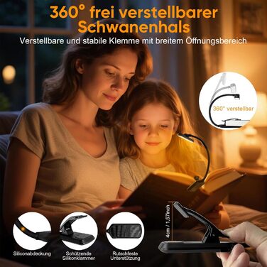 LED лампа для читання на прищіпці з акумулятором, нічник з 24 LED для дітей, USB перезарядна лампа з 3 режимами колірної температури та 5 рівнями регулювання яскравості, гнуший лебединий шийний кріплення для читання в ліжку, чорний