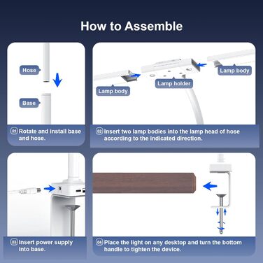 LED лампа настільна з регулюванням яскравості - 1500LM 24W, кріплення на прищіпці, з пультом дистанційного керування, 80см гнушкий шийка, USB-порт для зарядки, для офісу та дому (біле світло)