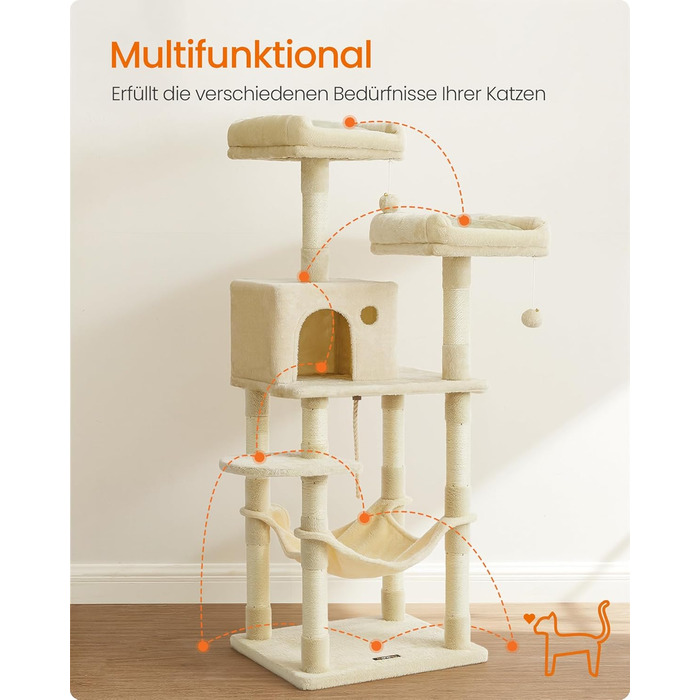 Дряпка для котів Feandrea, 112 см, багатоповерхова, з 11 стовпчиками, 2 платформами, будиночком та гамаком, 2 іграшками, PCT215W01