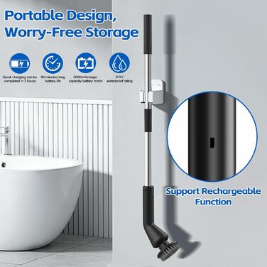Електрична щітка для чищення ванни та душової кабіни, 7 насадок, бездротова, з висувним ручками, для ванної, кухні та авто (чорна)