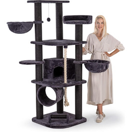 Кігтеточка для котів HAPPYPET 181 см - велика, стійка, з будинком та тунелем, ліжечка, іграшки, антрацит