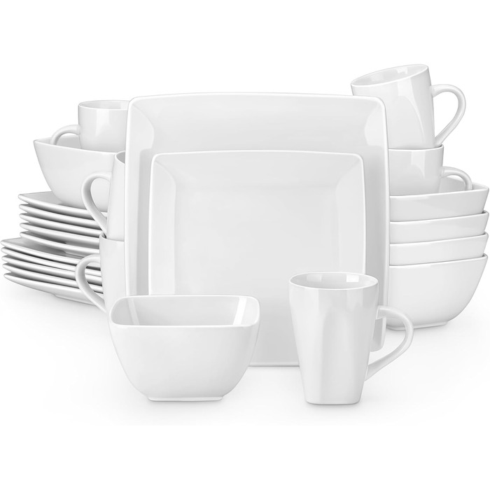 Square Dinnerware Set, Vancasso SOHO Tableware Service for 6 People, 24-Piece Stoneware Dinner Set with Dinner Plates, Dessert Plates, Bowls, and Cups, 24 Piece White