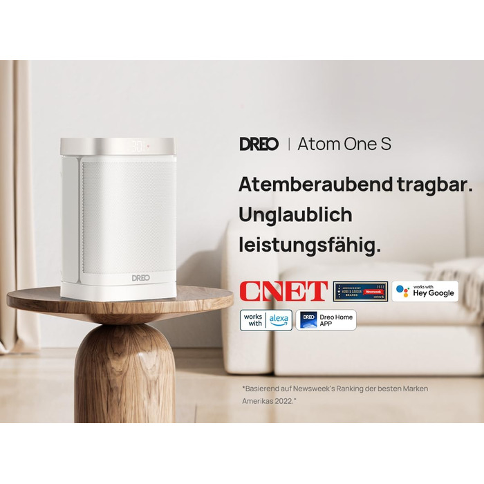 Обігрівач Dreo Atom One S: енергоефективний, тихий, 1500W з Wi-Fi, пультом ДУ, осциляцією 70°, 12-годинний таймер, 3 режими, 3 швидкості, PTC кераміка, білий