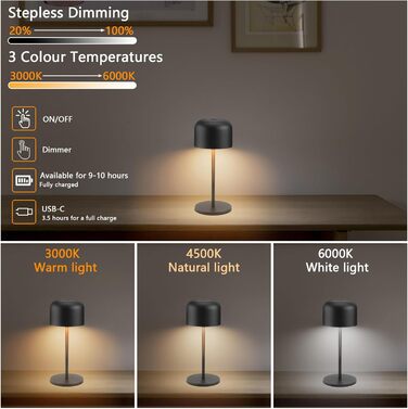 Акумуляторний LED світильник Klighten настільний диммований, чорний, алюміній, IP54, 21 см. З USB-C, 3 кольори світла (3000K-6000K)