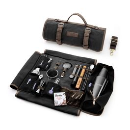 Набір бармена Barillio з золотим шейкером та сумкою для подорожей - 17 предметів, вощена тканина, мобільний бар з ременем (Чорний)