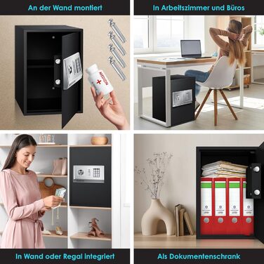 Електронний сейф KESSER® для дому та офісу 31x20x20 см, з подвійним замком, кріпленням, внутрішнім освітленням, сталевий (чорний, XL)