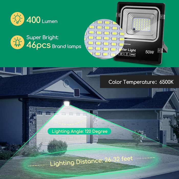 Aigostar 50W Solar Floodlight Outdoor, Super Bright LED Floodlight with Solar Panel, Cold White 6500K, IP66 Protection Rating Solar Spotlight Searchlight Outdoor Spotlight for Garden, Door, Yard, Garage, etc.