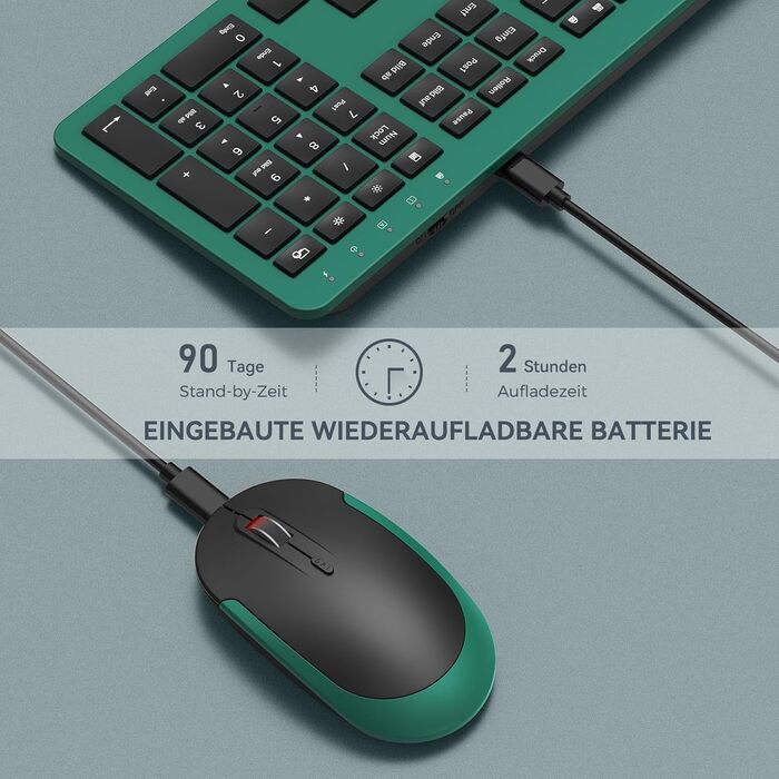 Бездротовий комплект клавіатури та миші Seenda SK38-3 Ultra-Dünne, Ergonomічна клавіатура з захистом від пилу, DE QWERTZ, чорний/зелений