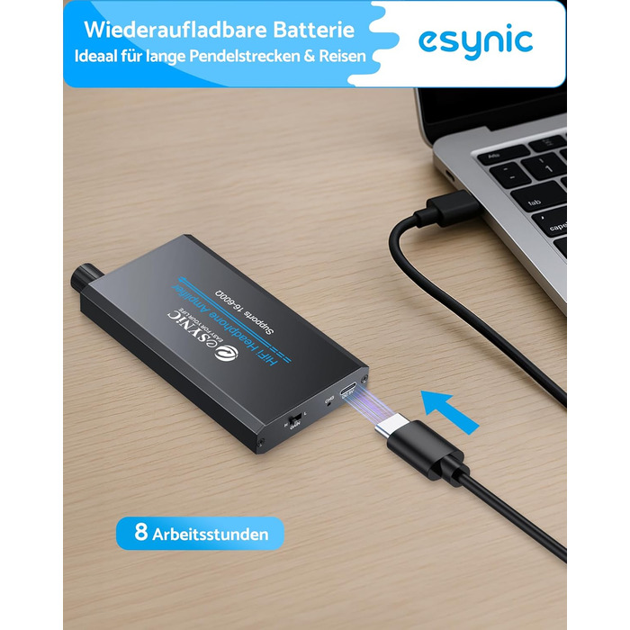 eSynic Підсилювач для навушників HiFi – портативний, з акумулятором 1000mAh, для MP3/MP4/Smartphone/PC, 16-600 Ом, 3.5mm AUX, алюмінієвий корпус