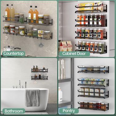 Настінна полиця для спецій, 4 шт. Організатор для спецій з рухомими гачками, полиця для спецій на кріпленнях (клей/шурупи), металева, для кухні та шафи