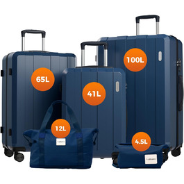 Набір валіз, багажний набір, ролери, валіза на коліщатках 5шт, ABS пластик, TSA замок, містить 1 велику сумку та 1 косметичку, 4 колеса, телескопічна ручка з алюмінію (рожеве золото), темно-синій