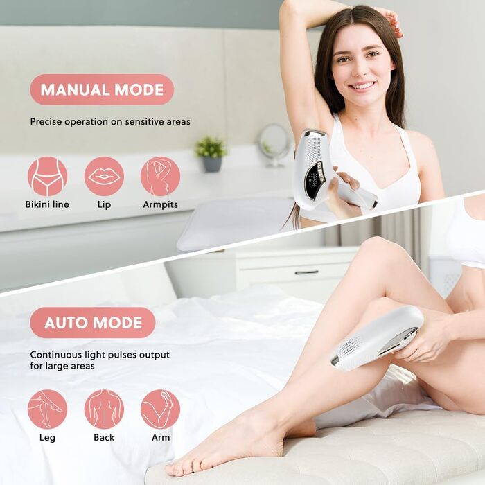 Епілятор ACWOO з охолоджувальною системою, безболісне видалення волосся, лазерний епілятор з 3 функціями HR/SC/RA, 9 рівнів потужності для жінок/чоловіків, обличчя, руки, зона бікіні, тіло, ноги, білий