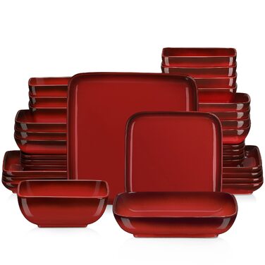 Набір посуду Lovelasa Vibri, 32 елементи, квадратний, кераміка, на 4 особи | Тарілки, чашки, десертні тарілки, миски (червоний)
