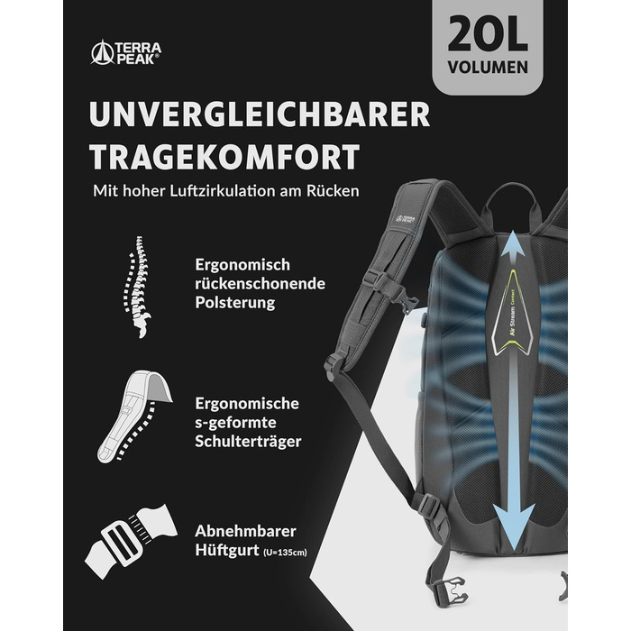 20L Flex 20 Premium Wanderrucksack (small) with back ventilation, hydration system & rain cover - Trekking backpack made of breathable 3D Air Mesh Polyester - Outdoor daypack with hip belt (Gray)