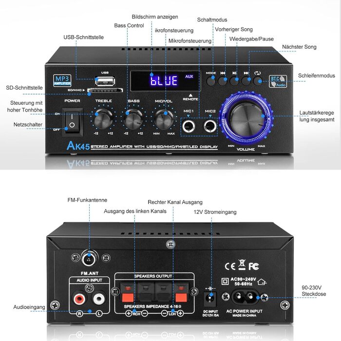 KKMOL AK45 Міні Hi-Fi стерео підсилювач Bluetooth, 400 Вт, 2-канальний, цифровий аудіо підсилювач з USB, SD, радіо, пультом, 12V/220V