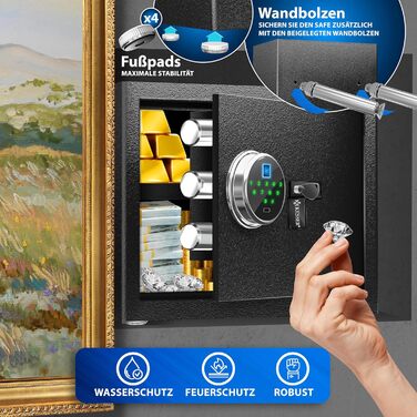 Електронний сейф KESSER® з відбитком пальця та ключем L | Вбудований акумулятор | 3x подвійний замок | Настінний/підлоговий сейф | Чорний