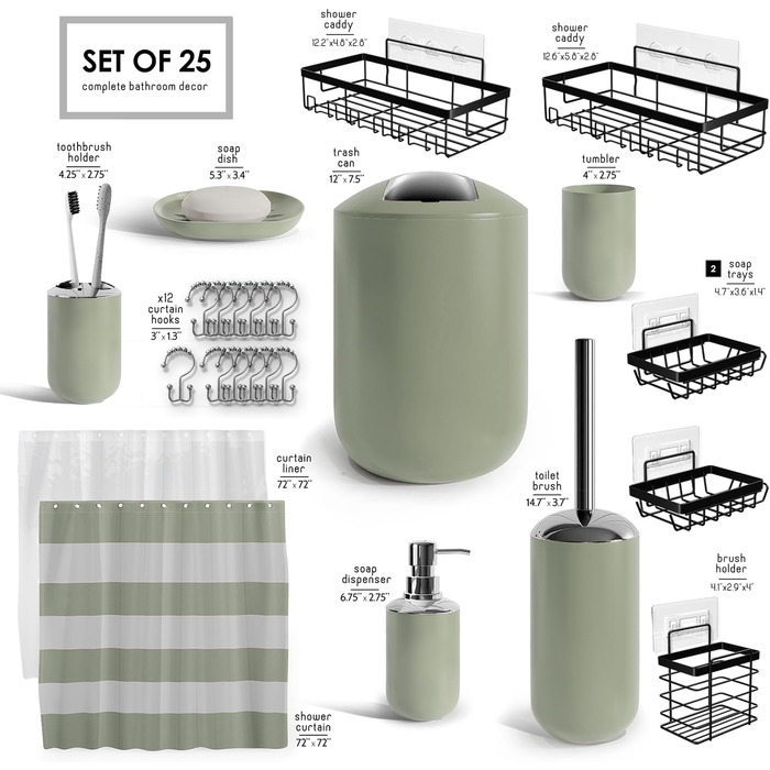 Набір аксесуарів для ванної кімнати Clara Clark – 25 предметів, салатовий колір. Включає: полицю для душу, шторку для душу, щітку для унітазу, смітник.