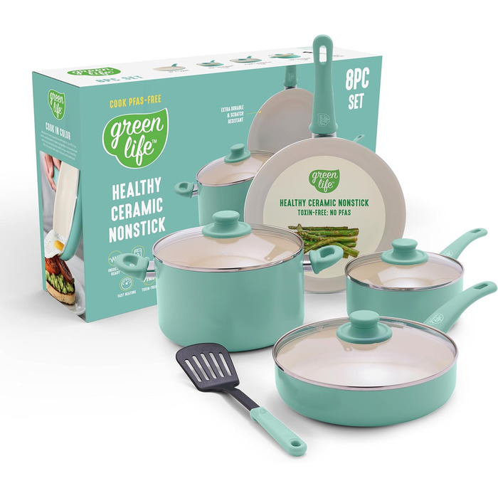 Набір кухонного посуду GreenLife Soft Grip 8 предметів, керамічне антипригарне покриття, турецький колір, для приготування, тушкування, соусів, з кришками, безпечний для здоров'я, можна мити в посудомийній машині