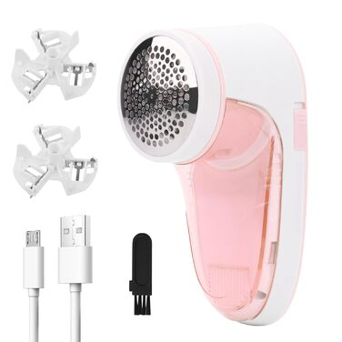 Електричний видальник ворсу для одягу та в'язаних виробів з USB-кабелем та 2 змінними лезами (рожевий)