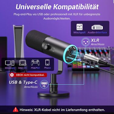 Професійний геймерський мікрофон TONOR TD510 AIR S+H XLR/USB з шумозаглушенням AI, RGB підсвічуванням, Tap-Mute, чорний
