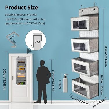 Настінна полиця-органайзер BrilliantJo з тканини, 4 великі кишені, 2 гачки, сірий колір, для ванної, дитячої кімнати, вітальні, спальні