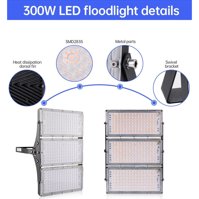 300W LED Floodlight 30000LM Spotlight, 3000K Warm White Floodlight - IP65 Waterproof Floodlight Outdoor Wall Lights for Garden, Terrace, Garage, Sports Field, Factory, Workshop