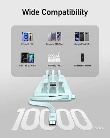 Портативний зарядний акумулятор Power Bank 10000mAh з LED дисплеєм та інтегрованими кабелями. Сумісний з iPhone, iPad, Samsung, Xiaomi, Google Pixel. Колір: блакитний