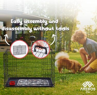 Клітка для собак Arebos | Транспортний бокс для собак, розкладний | Клітка-бокс для собак з 2 дверцятами | Клітка для собак в авто, для дому (63 x 45 x 51 см)