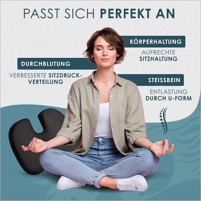 Ортопедична подушка для сидіння Nachtengel з Memory Foam (3 ступені жорсткості) для ергономічного комфорту, полегшення болю в куприку та зменшення болю – ідеально підходить для офісного крісла, автосидіння та ін. (1 шт, Medium (60-100 кг)) Чорний колір