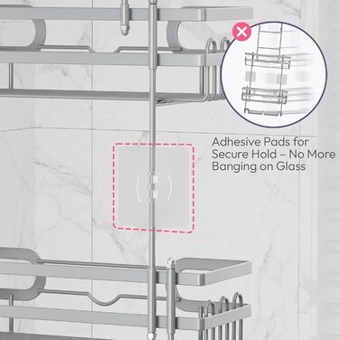 Настінна поличка для душу SWTYMIKI з нержавіючої сталі з 2 кошиками та 2 мильницями, 14 гачків, срібна