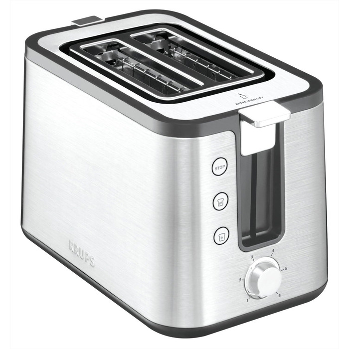 Krups KH442D Control Line Premium Toaster | Stainless Steel | 2 Short Slots for 2 Slices | Bagel Attachment | 6 Browning Levels | 850 W | 23.6 x 32.4 x 20.2 cm | Silver/Black