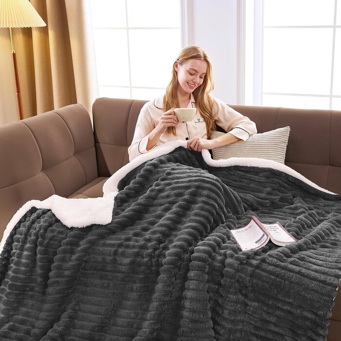 Плед WAVVE Sherpa з штучного хутра, сірий - теплий, м'який, великий (150x200 см)