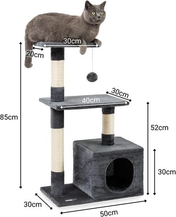 Lionto Scratching Post for Cats with Cave and Plush Ball incl. Bell, Height 85 cm, Cat Tree with Sisal & Plush, Cozy Resting Areas & Cave, Suitable for Small & Large Cats, (Dark Grey (with name tag))