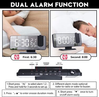 Projection Alarm Clock Digital LED Alarm Clock with Charger, Radio Alarm Clock with USB Charging Port, Dual Alarm Clock, LED Mirror Display, Adjustable Brightness, Temperature and Humidity Display, Black