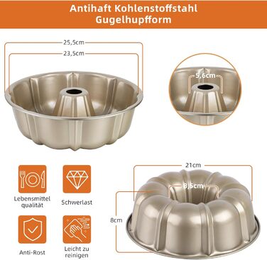 Форма для кексів Onader Gugelhupfform, 25.5 см, з антипригарним покриттям, з нержавіючої сталі, для випікання кексів, хліба, тортів. Золотий колір