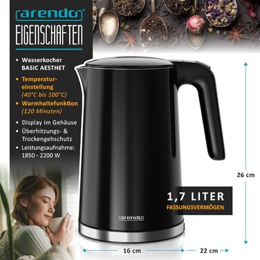 Електричний чайник Arendo з регулюванням температури, нержавіюча сталь, подвійні стінки Cool Touch, дисплей, бездротовий, 2200 Вт, 1,7 л, захист від перегріву, функція підтримання тепла, чорний