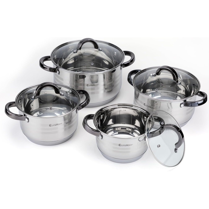 Набір каструль та сковорідок EliteHoff Induktion (8 предметів) з нержавіючої сталі, з кришками та чорними ручками, для всіх типів плит