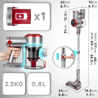 Duronic VC24: Бездротовий акумуляторний пилосос 220W з HEPA-фільтром, 3 швидкості, 50 хв роботи, без мішка