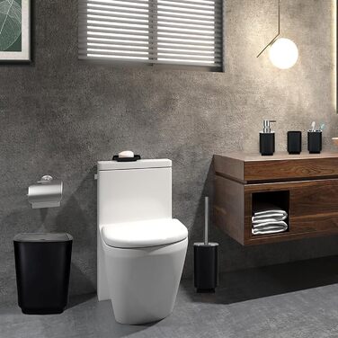 Сучасний набір для ванної кімнати на 6 предметів (білий) з дозатором мила, тримачем для зубних щіток, мильницею, WC-щіткою, відром та стаканом (чорний метал)