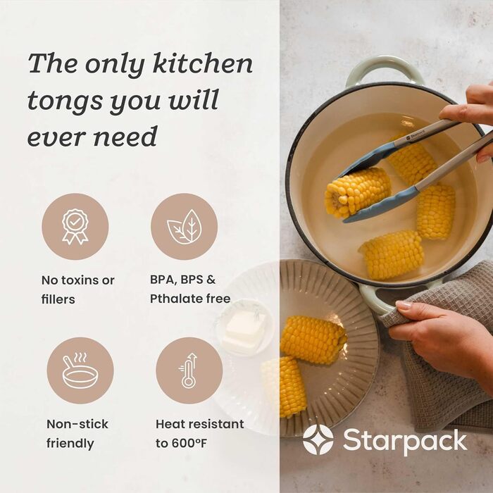 Кухонні щипці StarPack Premium 30,5 см з нержавіючої сталі з антипригарними силіконовими наконечниками, термостійкі до 315°C, для приготування, сервірування, гриля та салату, бірюзові