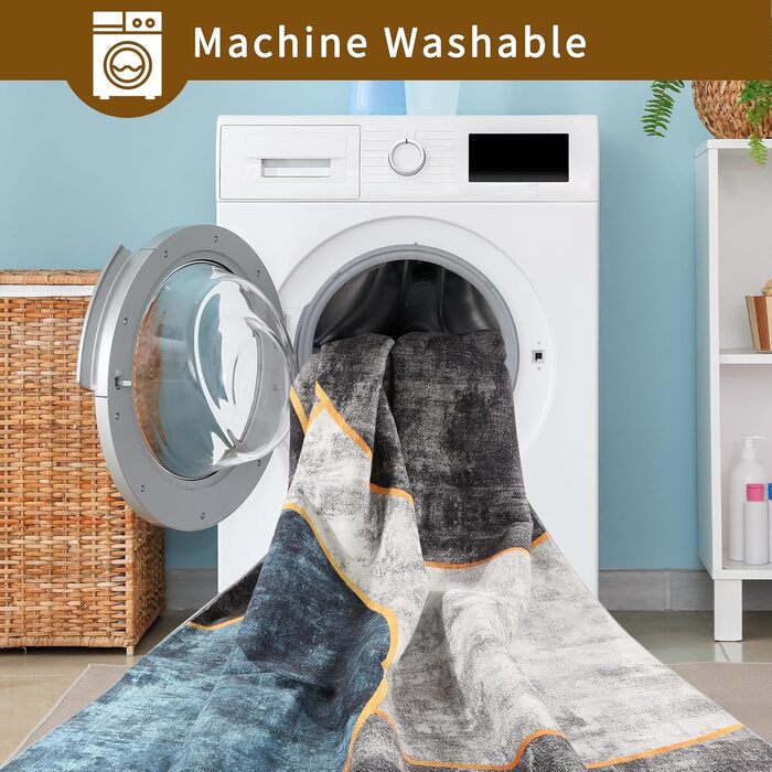 Килимок для вітальні Sour Lemon, великий 160x230 см, машинного прання, бохо-стиль, вінтажний, з антиковзаючою основою, блакитний геометричний дизайн