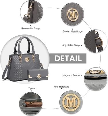 Сумка жіноча Miss Lulu середнього розміру через плече, сіра з личі-текстурою, з гаманцем та внутрішніми кишенями для роботи, відпочинку, повсякденного використання