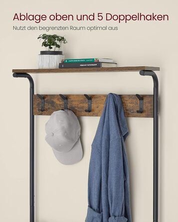 VASAGLE Coat Rack, Clothes Rack, Shoe Shelf, Wardrobe with 5 Double Hooks, 5 Shelves, One Top Shelf, for Apartments, Bedrooms, Hallways, Industrial Design, Vintage Brown-Black HSR408B01 (31.5 x 68 x 183.5 cm)