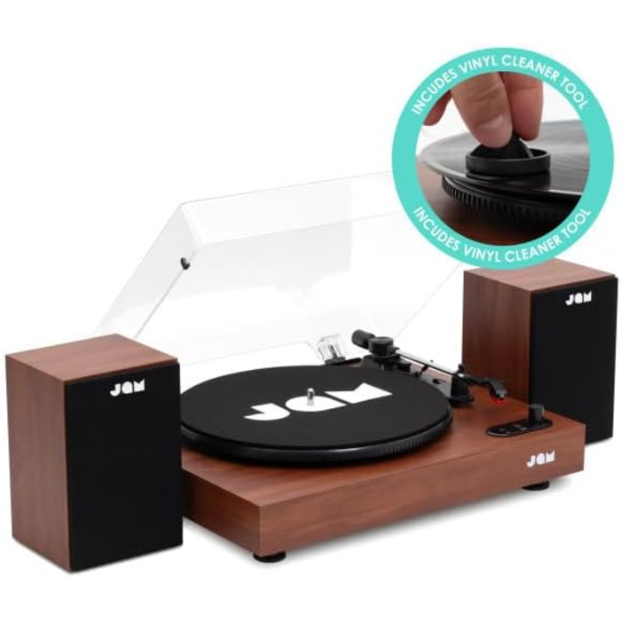 Програвач вінілу JAM з колонками Bluetooth – чорний (горіх) | 3 швидкості, пилозахисний ковпак, попередньо налаштований тонарм, засіб для чищення вінілу в комплекті