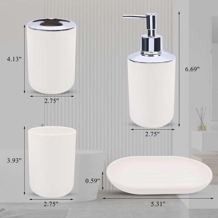 Набір аксесуарів для ванної кімнати (4 шт) з пластику: тримач для зубних щіток, стаканчик, дозатор мила, мильниця. Білий колір