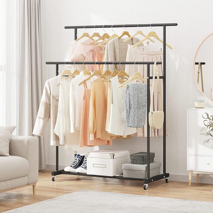 Clothes Rack with Double Rod, Rolling Clothes Rack, Portable Clothes Rack for Bedroom, Living Room, Clothing Store (Black)
