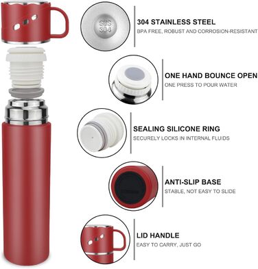 Термокухоль-термос із нержавіючої сталі 550 мл з кришкою-чашкою та ручкою, вакуумний термос 12 годин гарячим / 12 годин холодним, нековзний термос для кави в дорогу для спорту, роботи, школи, авто (червоний)