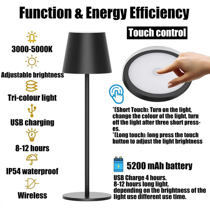 Акумуляторна настільна лампа Vollmetall з LED, 5000mAh, 2 шт. Зміна кольору світла, сенсорне регулювання яскравості, для їдальні, спальні, готелю, чорний/золотий