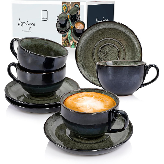 SÄNGER | Copenhagen Coffee Cup Set, 8-Piece, Coffee Service for 4 People, Dishwasher-Safe Coffee Cup and Saucer Set, Stoneware Cup & Saucer Grey with Green Interior 200 ml | PREMIUM COLLECTION Coffee Cups, 4-Piece